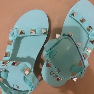 new acqua blue studded platform sandals